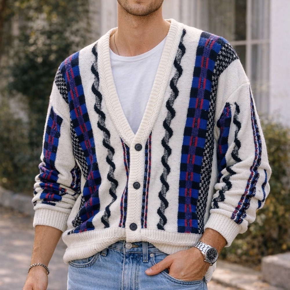 Vintage Concrete Mix Geometric Knit‎ Cardigan Sweater White Blue Red Mens Medium
